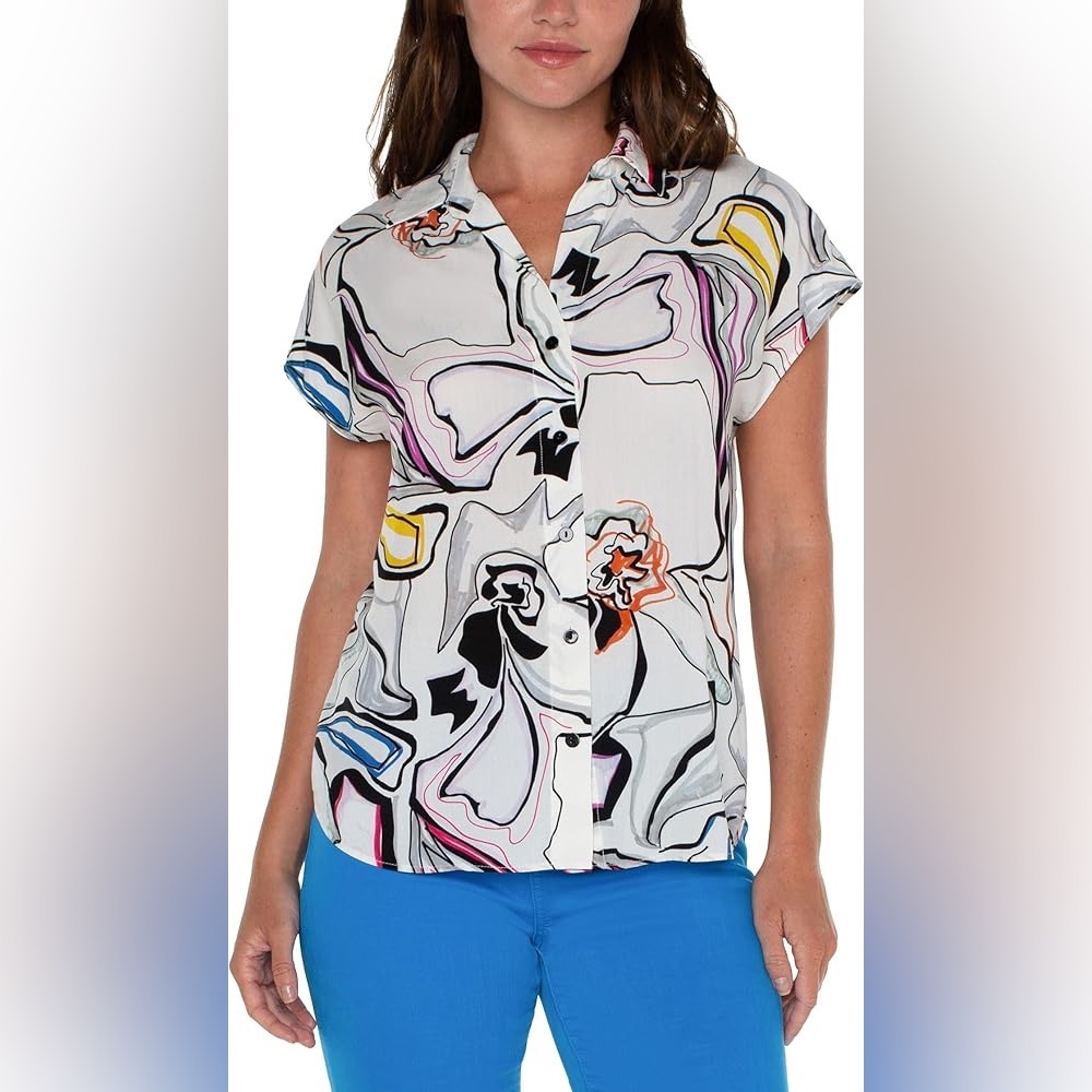 Liverpool Sleeveless Button Up Top White Multicolor Abstract Pattern XS